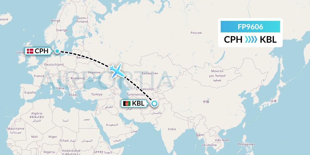 FP9606 FlyPelican Flight Map: Copenhagen to Kabul