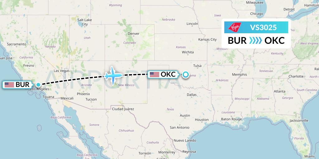 VS3025 Virgin Atlantic Airways Flight Map: Burbank to Oklahoma City