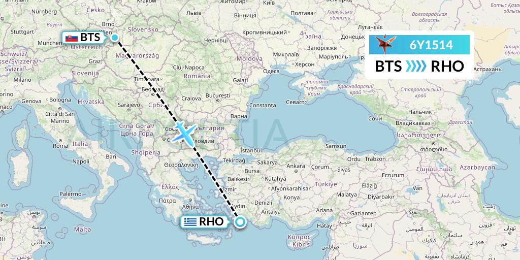 6Y1514 SmartLynx Flight Map: Bratislava to Rhodes