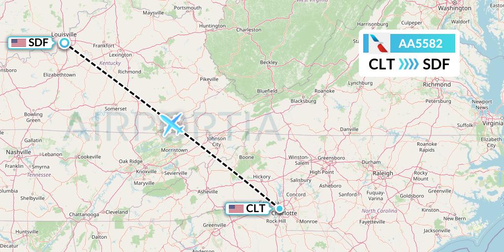 AA5582 American Airlines Flight Map: Charlotte to Louisville