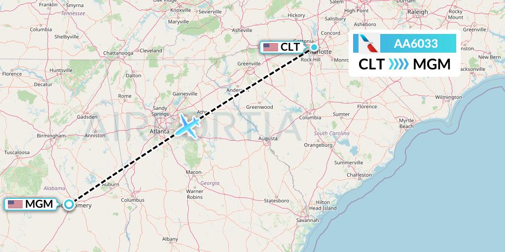 AA6033 American Airlines Flight Map: Charlotte to Montgomery