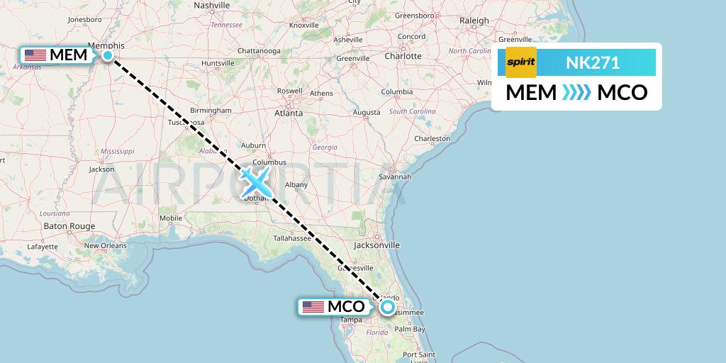 NK271 Spirit Airlines Flight Map: Memphis to Orlando