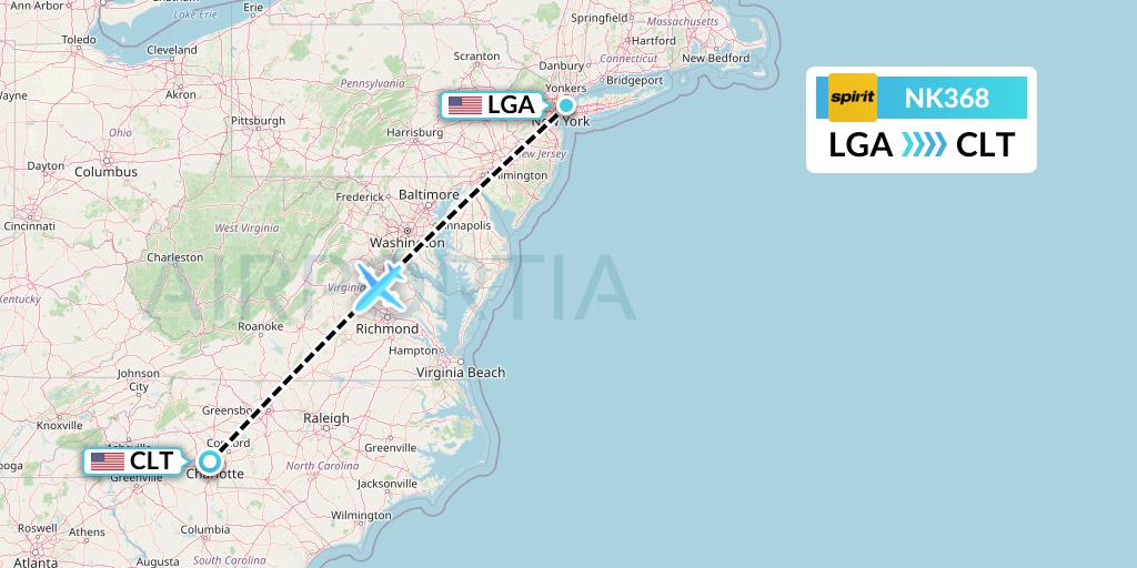 NK368 Spirit Airlines Flight Map: New York to Charlotte