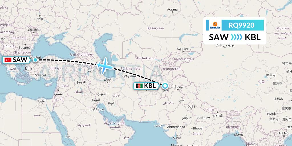 RQ9920 Kam Air Flight Map: Istanbul to Kabul