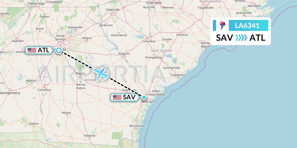 LA6341 LAN Airlines Flight Map: Savannah to Atlanta