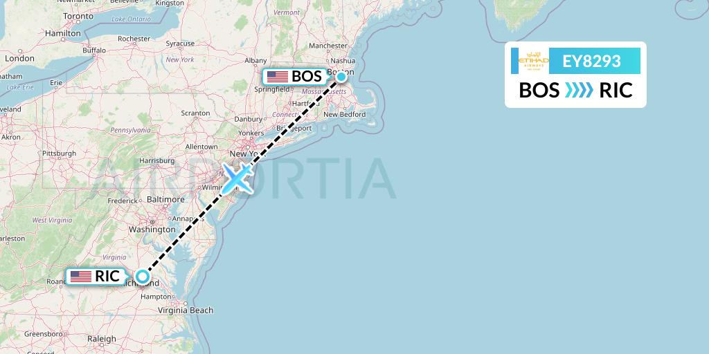 EY8293 Etihad Airways Flight Map: Boston to Richmond