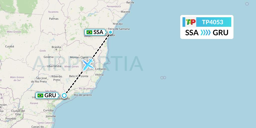 TP4053 TAP Portugal Flight Map: Salvador to Sao Paulo