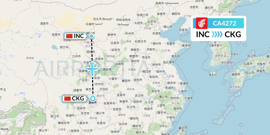 CA4272 Air China Flight Map: Yinchuan to Chongqing