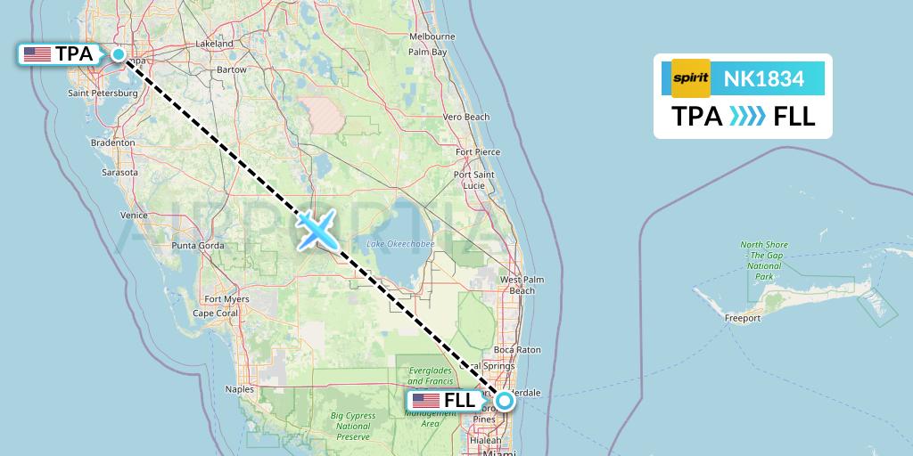 NK1834 Spirit Airlines Flight Map: Tampa to Fort Lauderdale