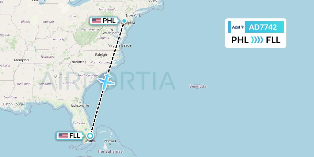 AD7742 Azul Brazilian Airlines Flight Map: Philadelphia to Fort Lauderdale