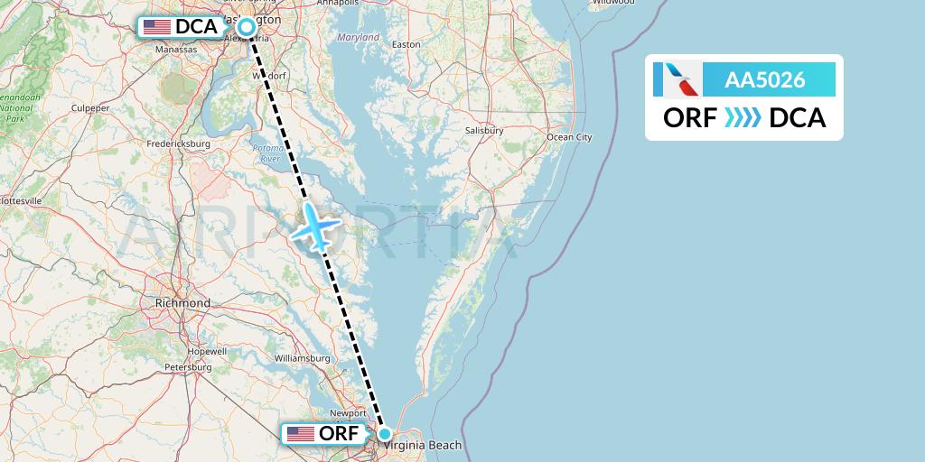AA5026 American Airlines Flight Map: Norfolk to Washington