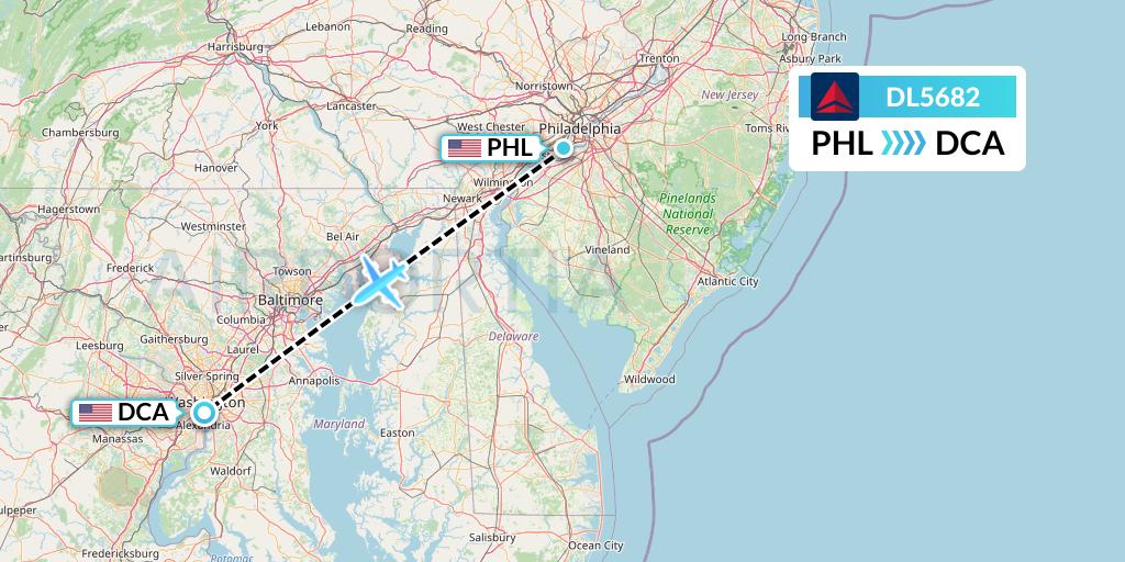 DL5682 Delta Air Lines Flight Map: Philadelphia to Washington