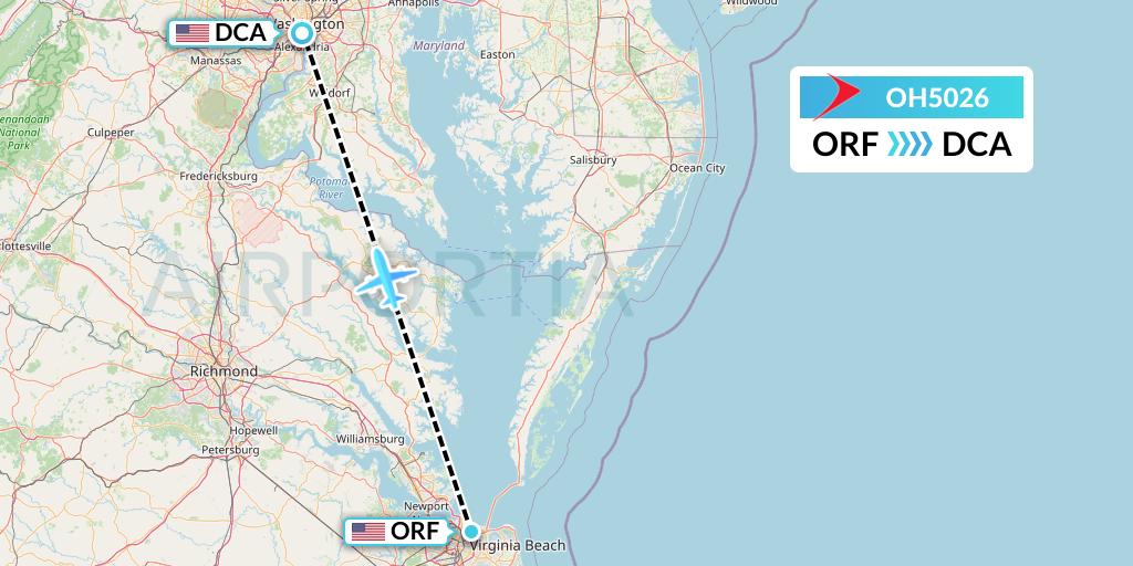 OH5026 PSA Airlines Flight Map: Norfolk to Washington