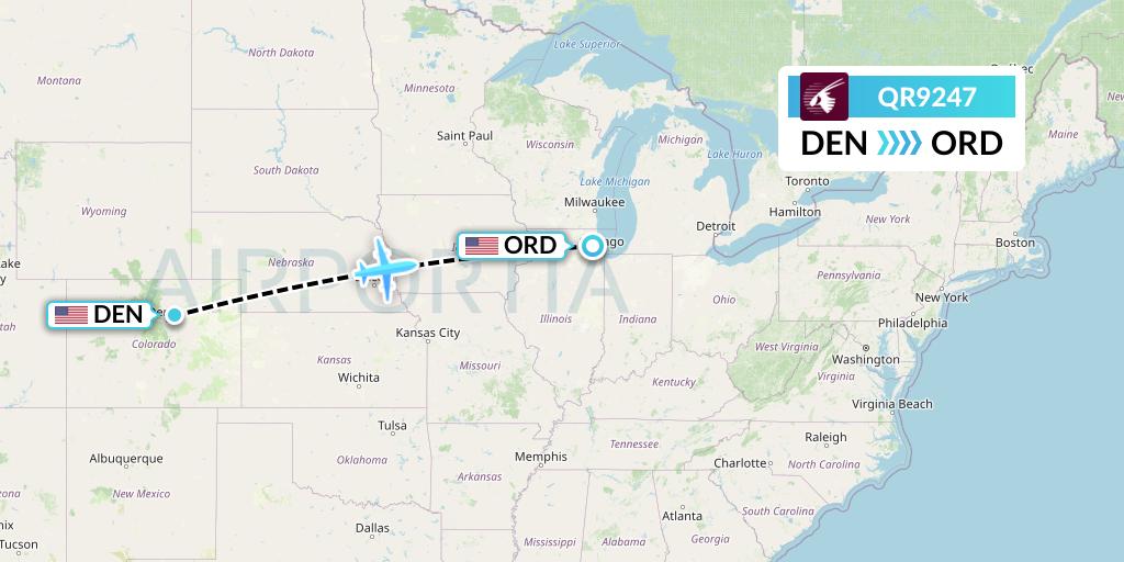QR9247 Qatar Airways Flight Map: Denver to Chicago