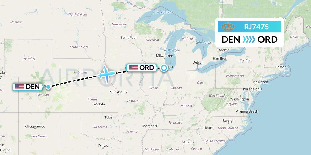 RJ7475 Royal Jordanian Flight Map: Denver to Chicago