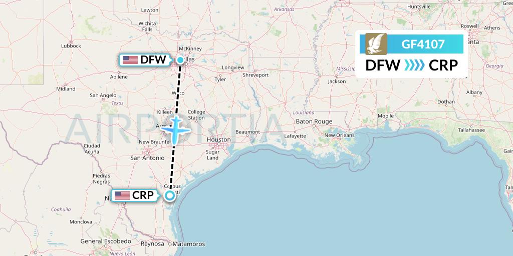 GF4107 Gulf Air Flight Map: Dallas to Corpus Christi