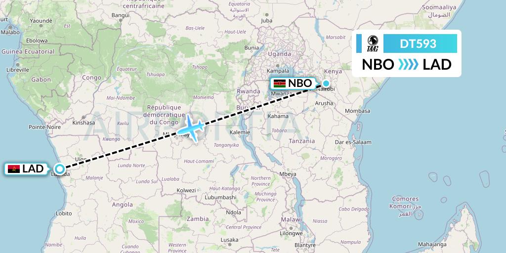 DT593 TAAG Angola Airlines Flight Map: Nairobi to Luanda