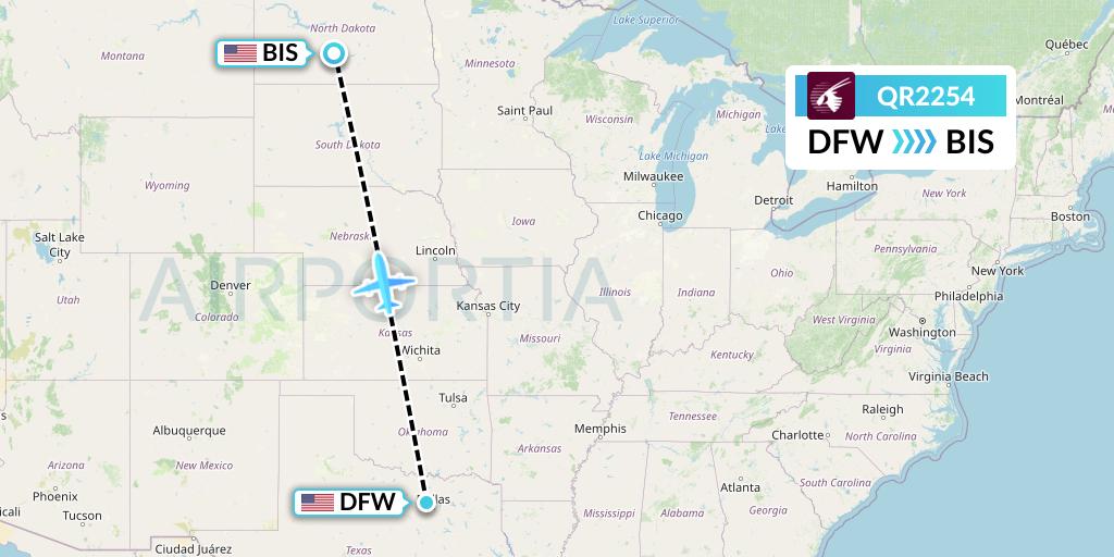 QR2254 Qatar Airways Flight Map: Dallas to Bismarck