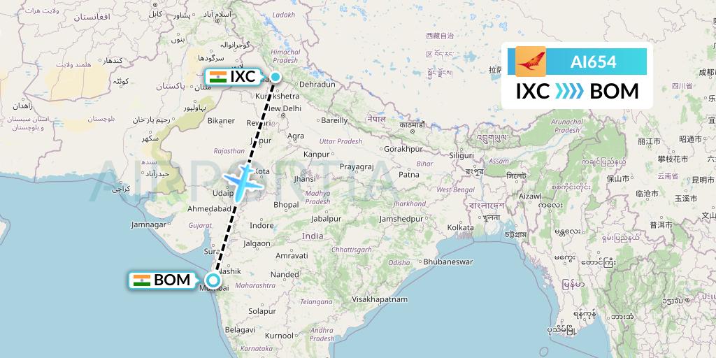 AI654 Air India Flight Map: Chandigarh to Mumbai