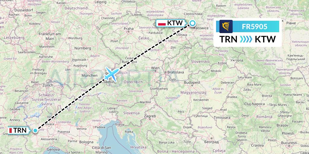 FR5905 Ryanair Flight Map: Turin to Katowice