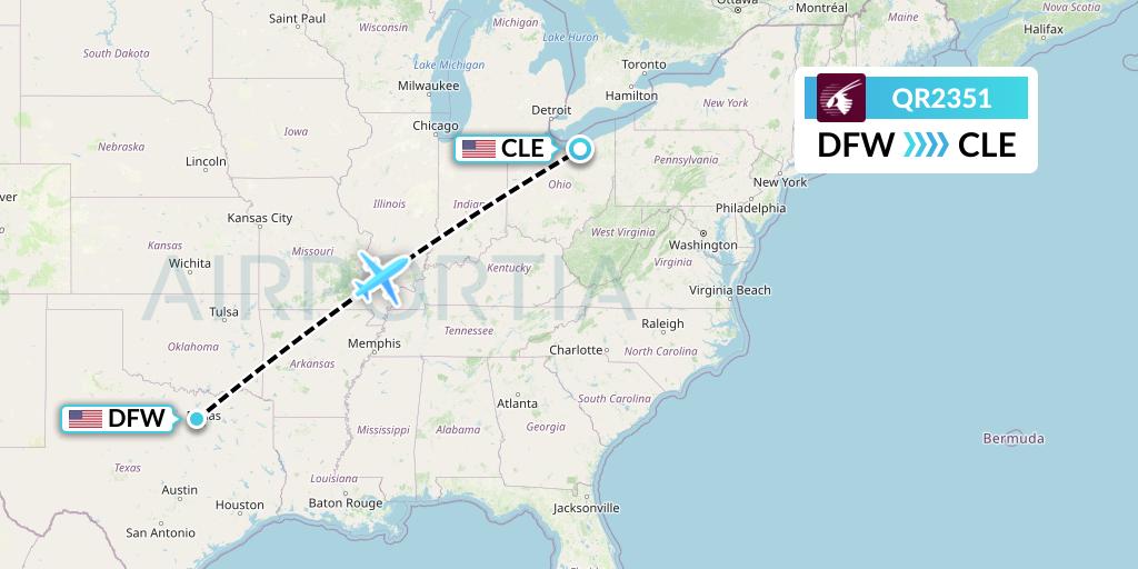 QR2351 Qatar Airways Flight Map: Dallas to Cleveland