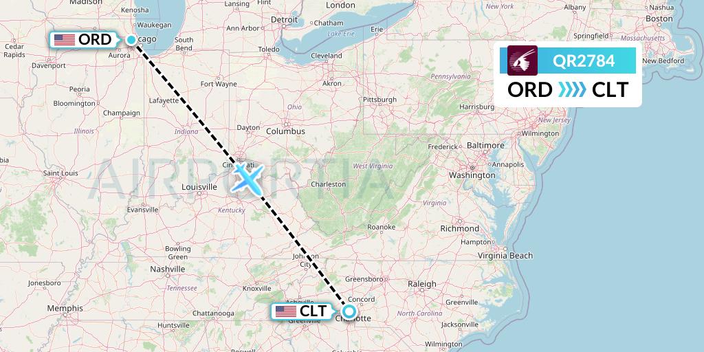 QR2784 Qatar Airways Flight Map: Chicago to Charlotte