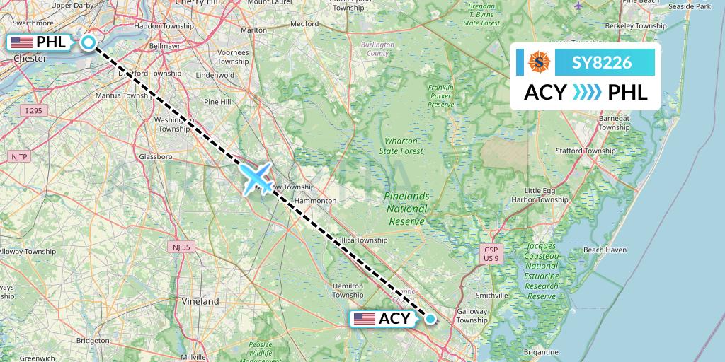 SY8226 Sun Country Airlines Flight Map: Atlantic City to Philadelphia