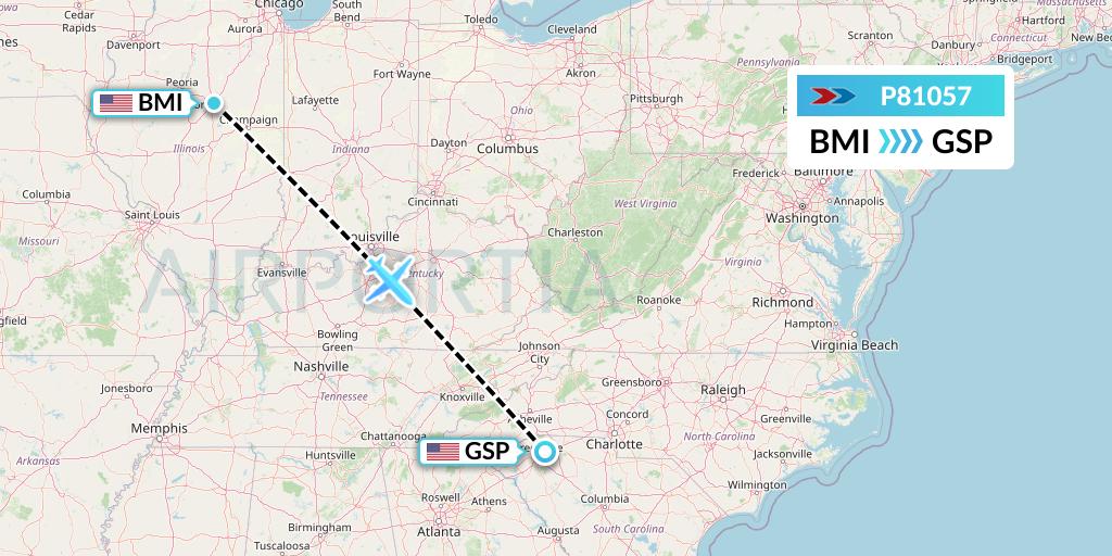 P81057 Sprint Air Flight Map: Bloomington to Greenville-Spartanburg
