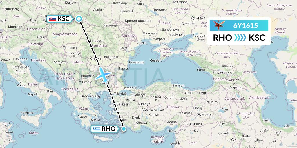 6Y1615 SmartLynx Flight Map: Rhodes to Kosice