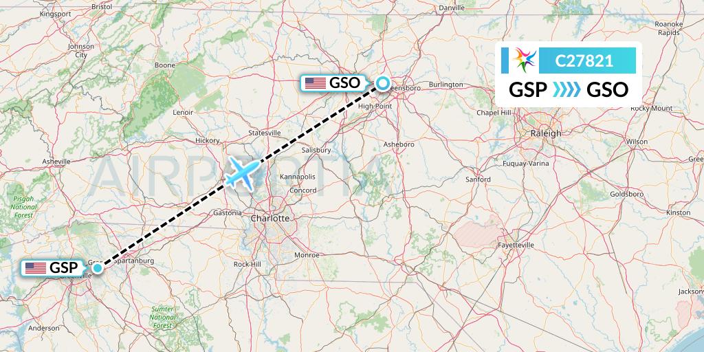 C27821 Ceiba Intercontinental Flight Map: Greenville-Spartanburg to Greensboro