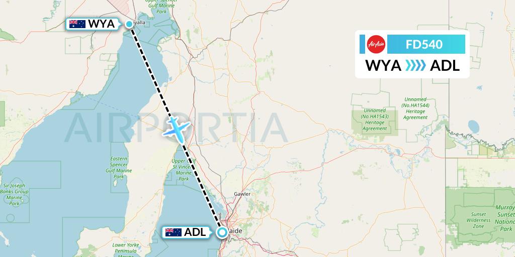 FD540 Thai AirAsia Flight Map: Whyalla to Adelaide