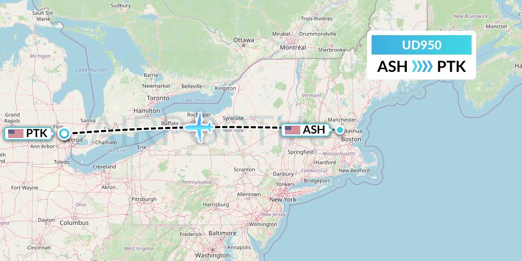 UD950 UR Airlines Flight Map: Nashua to Oakland County