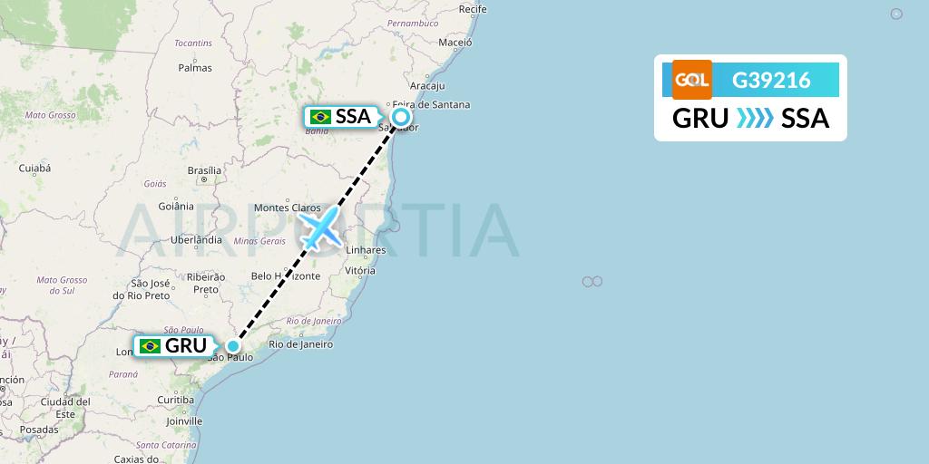 G39216 GOL Transportes Aeros Flight Map: Sao Paulo to Salvador
