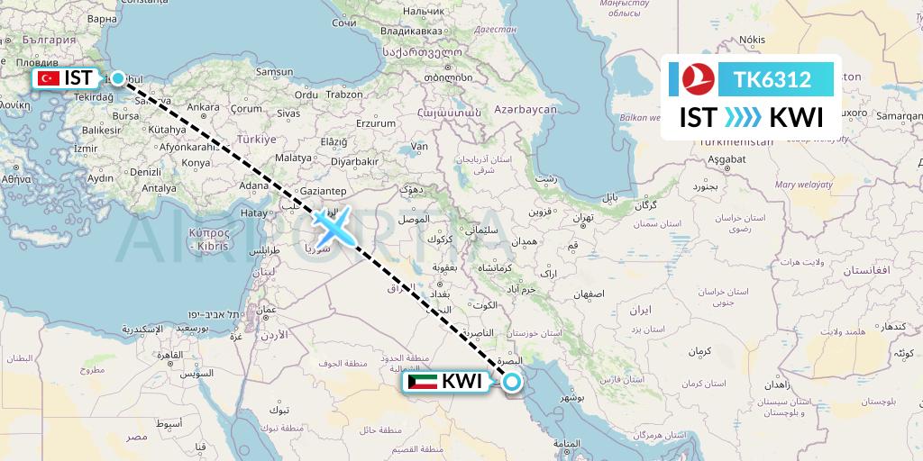 TK6312 Turkish Airlines Flight Map: Istanbul to Kuwait City