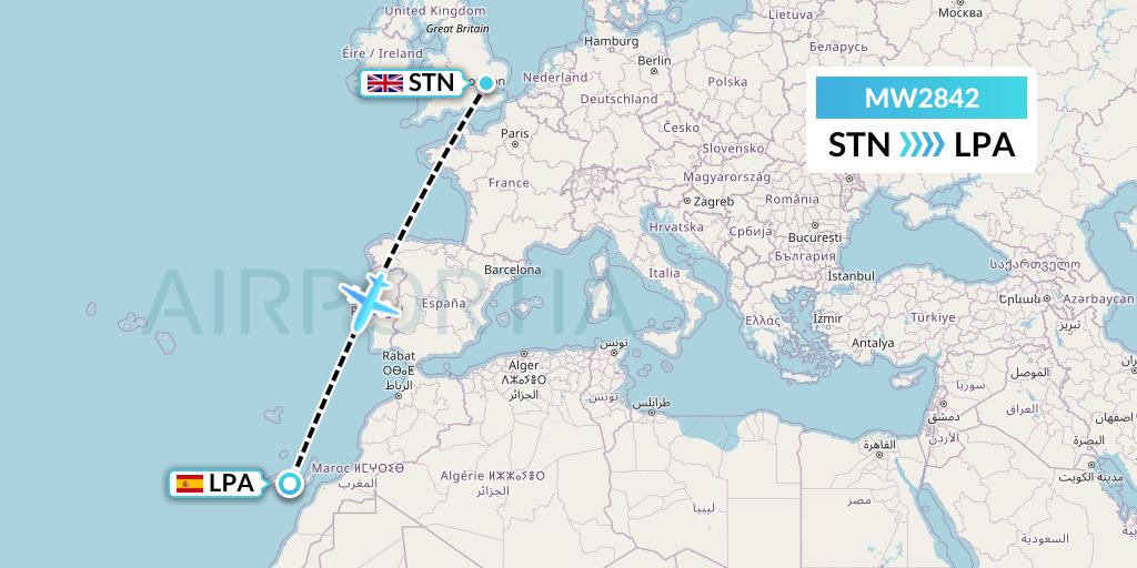MW2842 Mokulele Flight Service Flight Map: London to Las Palmas