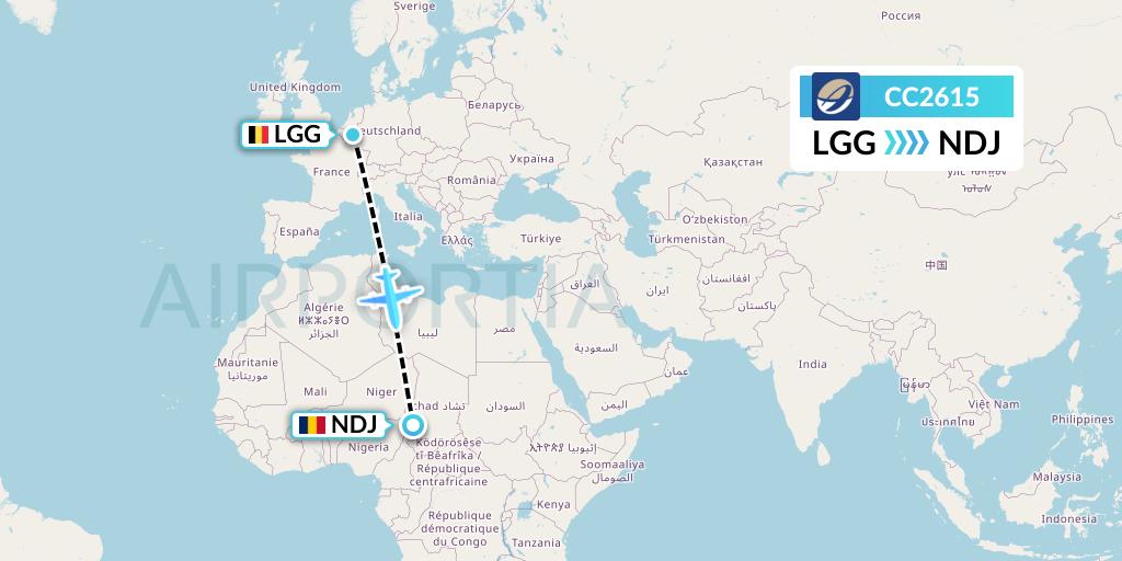 CC2615 CM Airlines Flight Map: Liege to N'Djamena