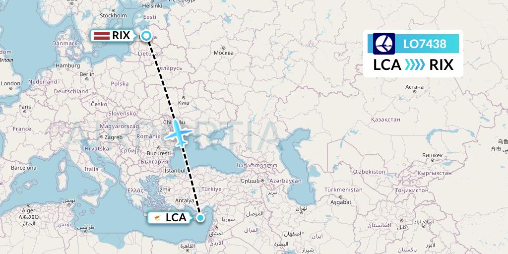 LO7438 LOT Flight Map: Larnaca to Riga