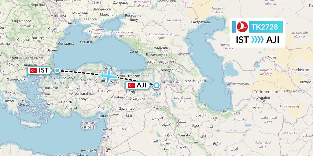 TK2728 Turkish Airlines Flight Map: Istanbul to Agri