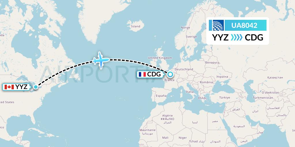 UA8042 United Airlines Flight Map: Toronto to Paris