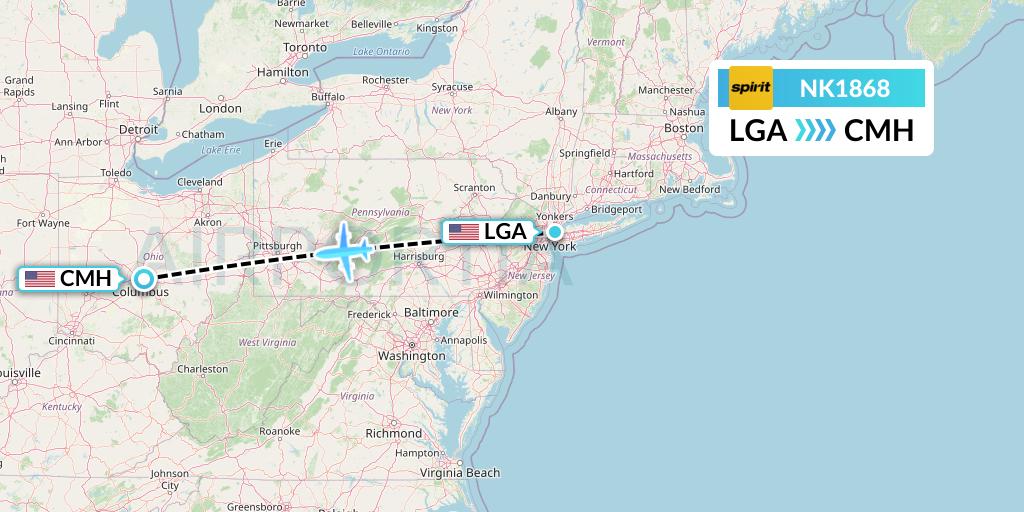 NK1868 Spirit Airlines Flight Map: New York to Columbus
