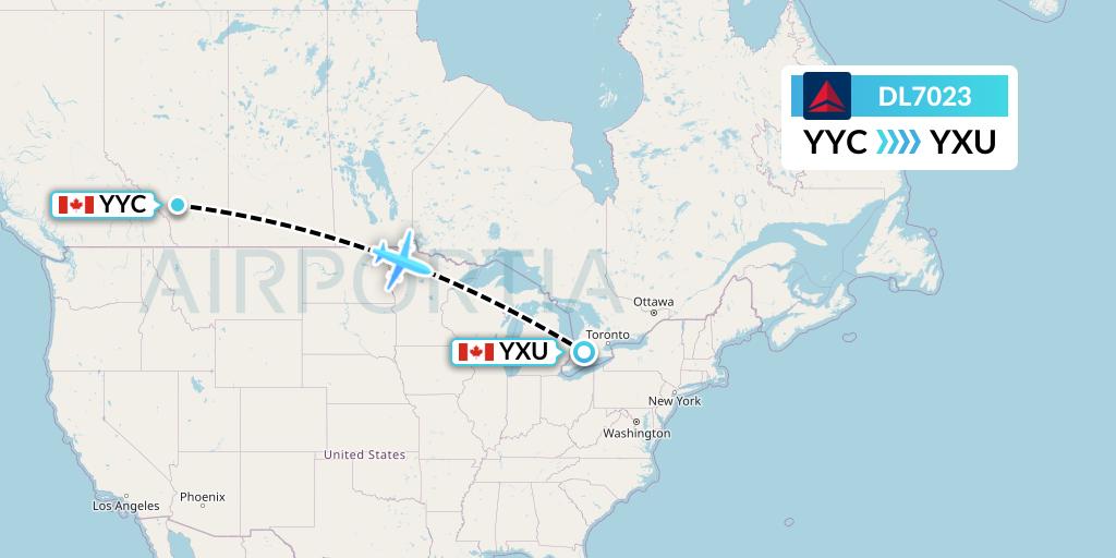 DL7023 Delta Air Lines Flight Map: Calgary to London