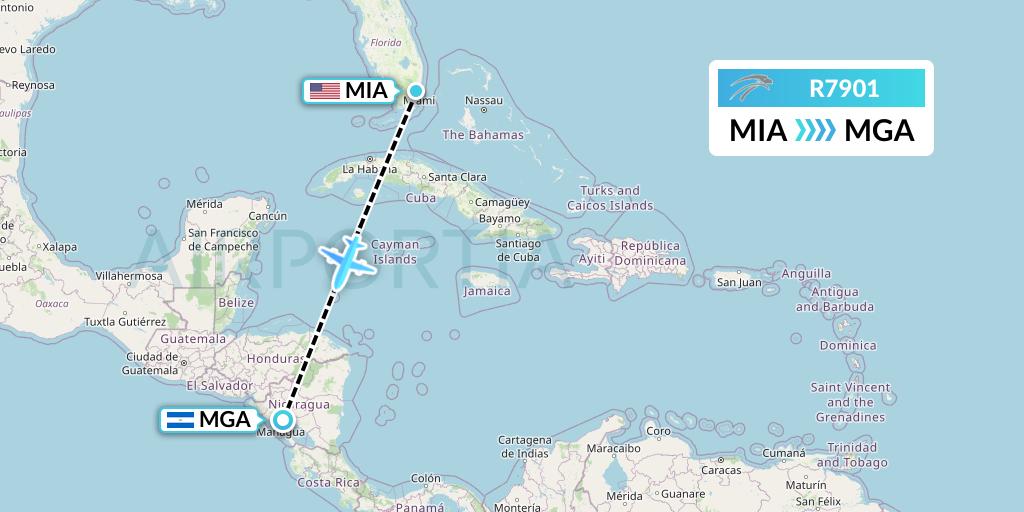 R7901 Aserca Airlines Flight Map: Miami to Managua