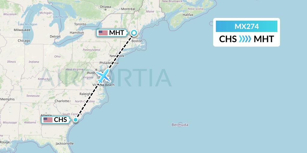 MX274 Breeze Airways Flight Map: Charleston to Manchester