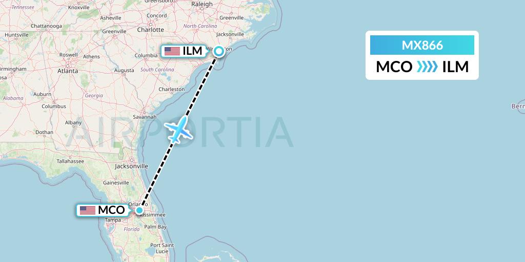 MX866 Breeze Airways Flight Map: Orlando to Wilmington