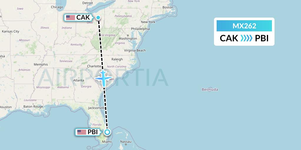 MX262 Breeze Airways Flight Map: Akron to West Palm Beach