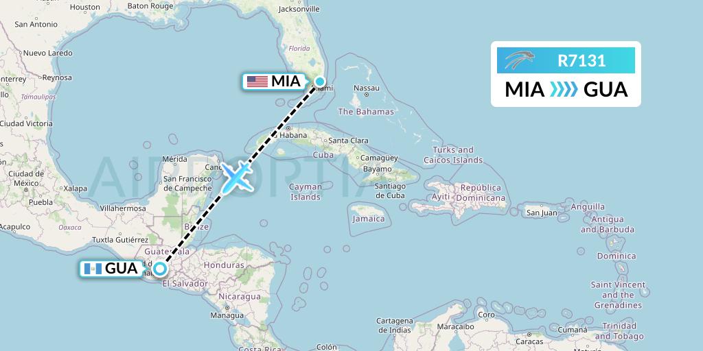 R7131 Aserca Airlines Flight Map: Miami to Guatemala City