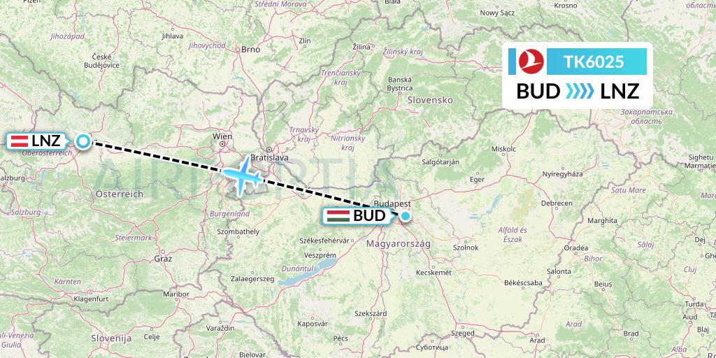 TK6025 Turkish Airlines Flight Map: Budapest to Linz