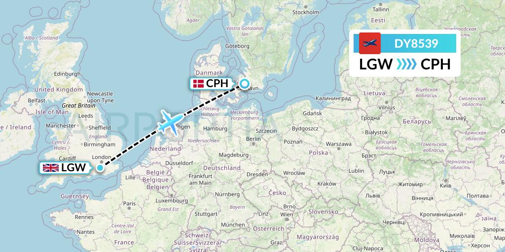 DY8539 Norwegian Flight Map: London to Copenhagen