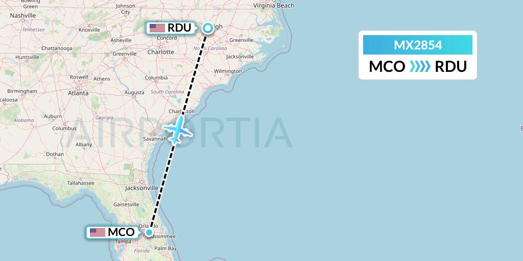 MX2854 Breeze Airways Flight Map: Orlando to Raleigh-Durham