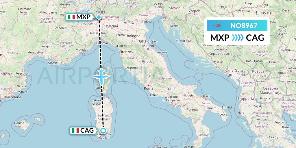NO8967 Neos Flight Map: Milan to Cagliari